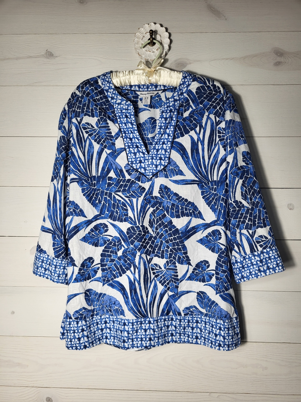 Tommy Bahama Linen Top Tropical Leaf Tunic Coastal Beach Vacation.